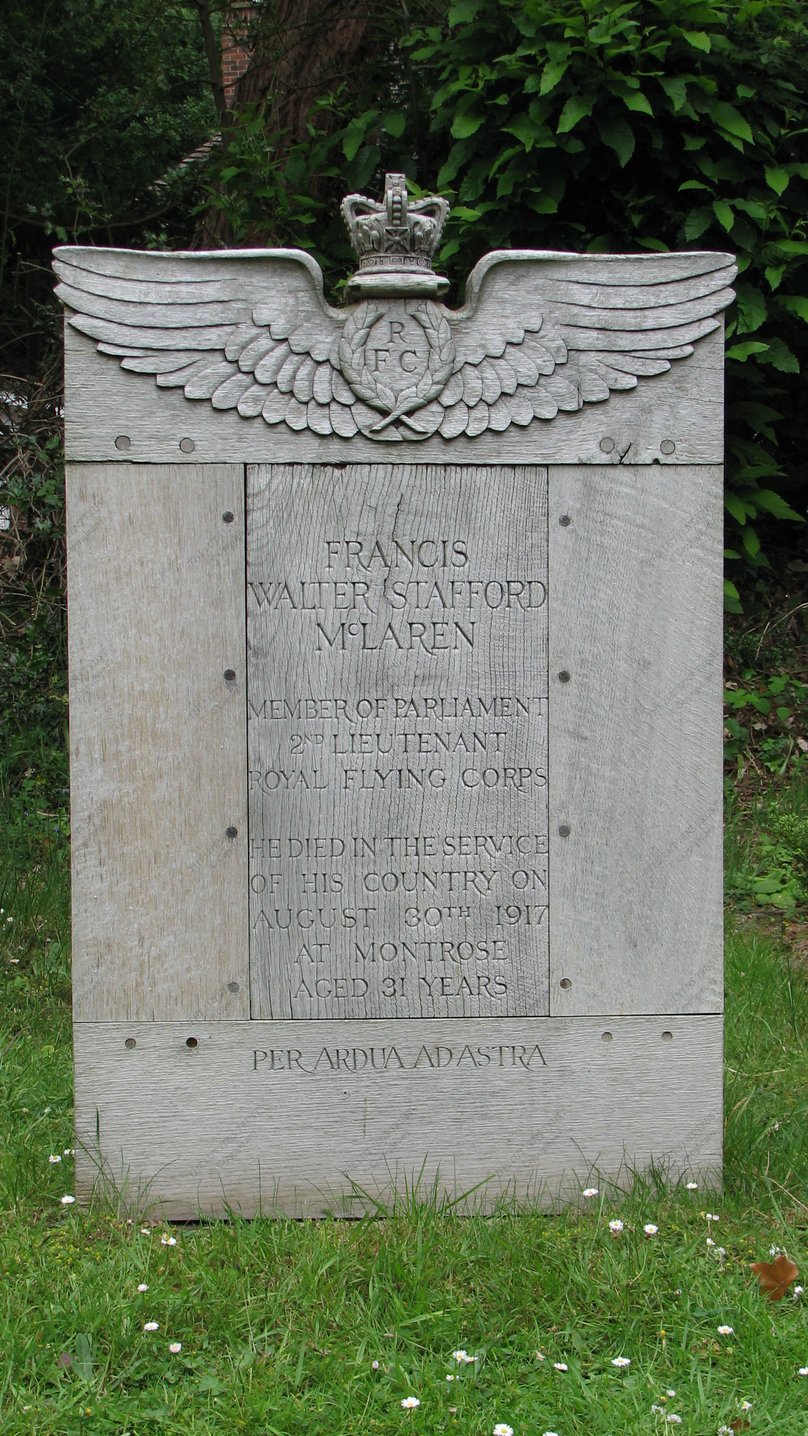 Wooden gravestone for Francis Walter Stafford McLaren, Busbridge churchyard